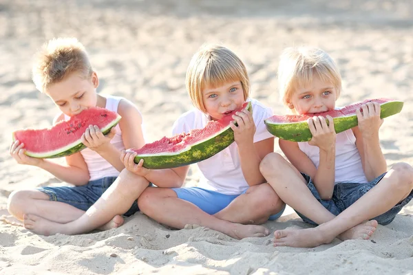 Trois enfants jouant sur la prairie en été — Photo