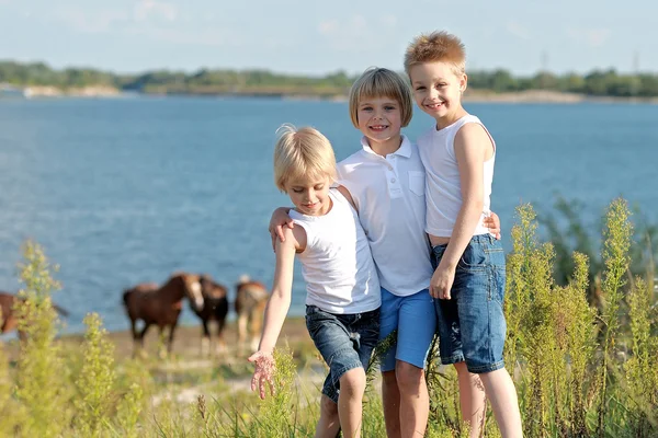 Drei Kinder spielen im Sommer auf Wiese — Stockfoto