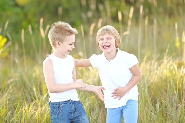 Porträtt av en pojke och flicka på ängen i sommar — Stockfoto