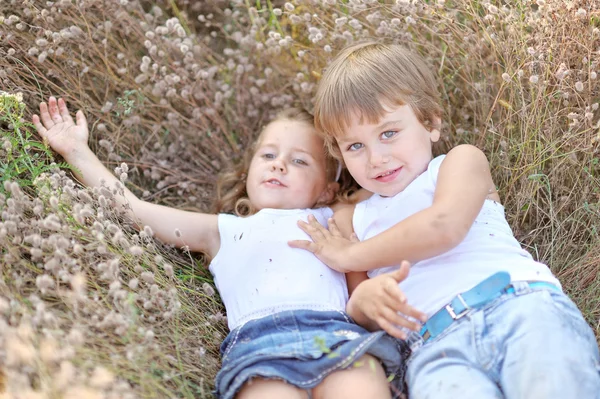 Portret chłopca i dziewczynkę na polu w lecie — Zdjęcie stockowe