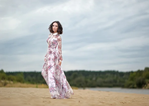 Mooie elegante brunette meisje in een veld — Stockfoto