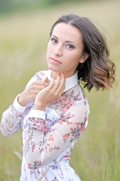 Beautiful elegant brunette girl in a field — Stock Photo, Image