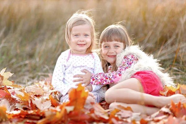 Retrato de dos hermosas hermanas jóvenes en el otoño — Foto de Stock