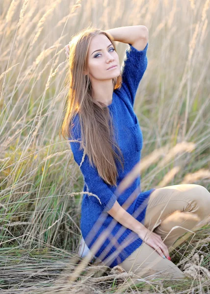 Beautiful elegant brunette girl in a field — Stock Photo, Image