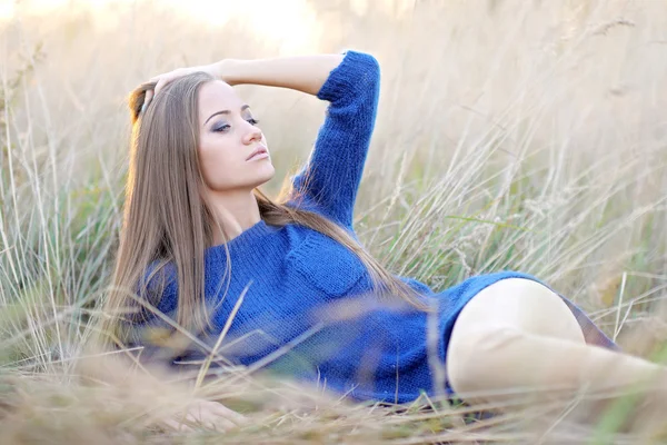 Beautiful elegant brunette girl in a field — Stock Photo, Image