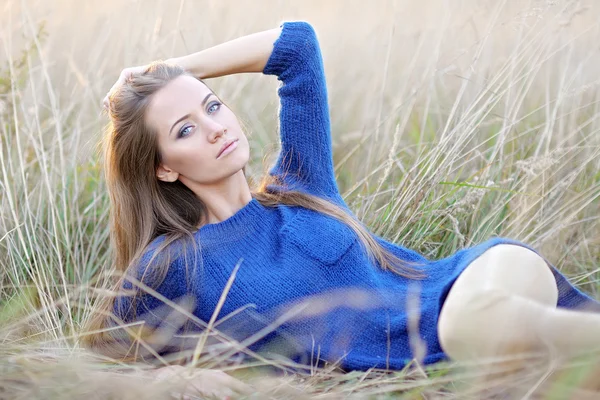 Beautiful elegant brunette girl in a field — Stock Photo, Image