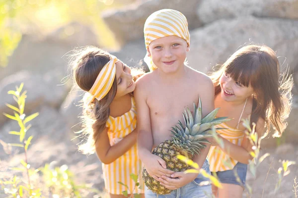 Tre barn leker på ängen i sommar — Stockfoto