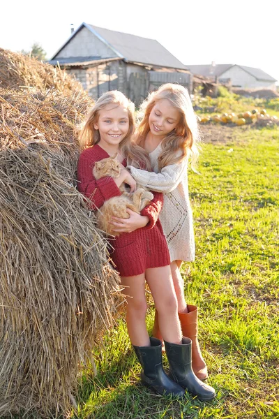 Retrato de duas irmãs durante a colheita do outono — Fotografia de Stock