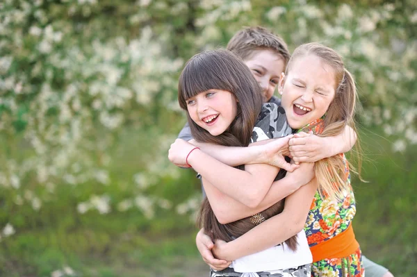 Drie kinderen spelen op weide in de zomer — Stockfoto