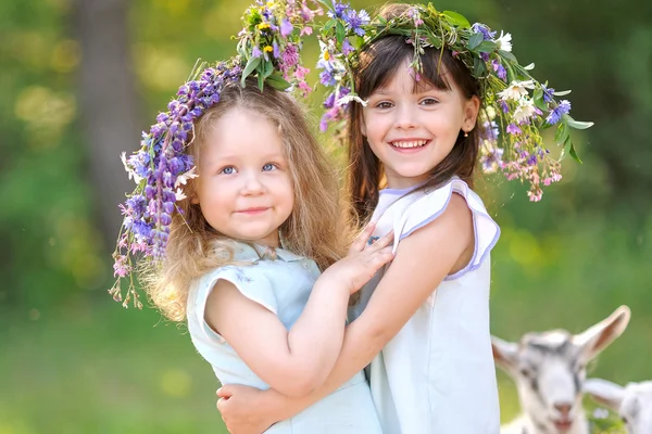Portrét dvou dívek kamarádek v létě villag — Stock fotografie