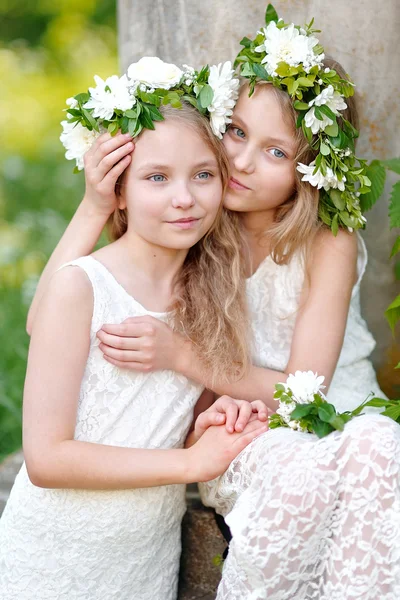 Портрет двух маленьких девочек-близнецов — стоковое фото