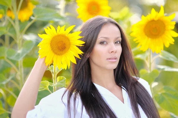 Beautiful elegant brunette girl in a field — Stock Photo, Image