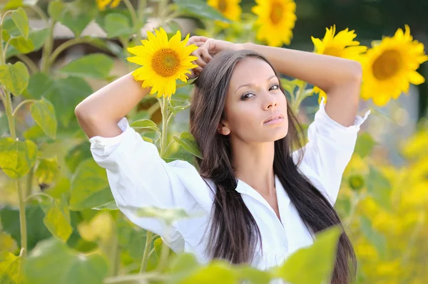 Bela menina morena elegante em um campo — Fotografia de Stock