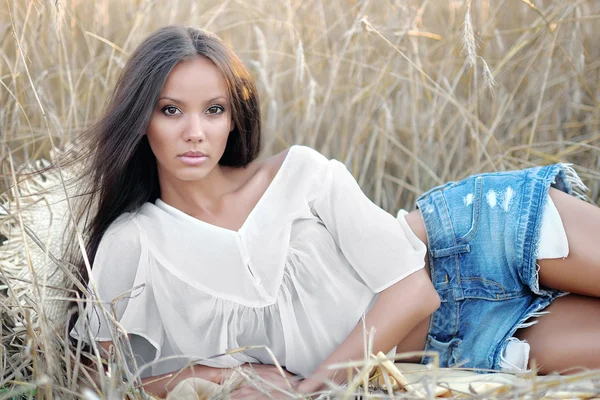 Beautiful elegant brunette girl in a field — Stock Photo, Image