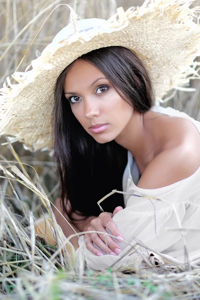 Beautiful elegant brunette girl in a field — Stock Photo, Image