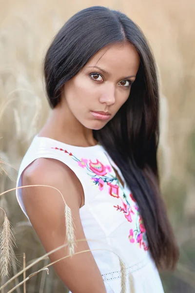 Красивая элегантная брюнетка девушка в поле — стоковое фото