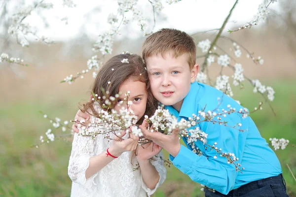 Bir erkek ve kız yemyeşil bahçede portre