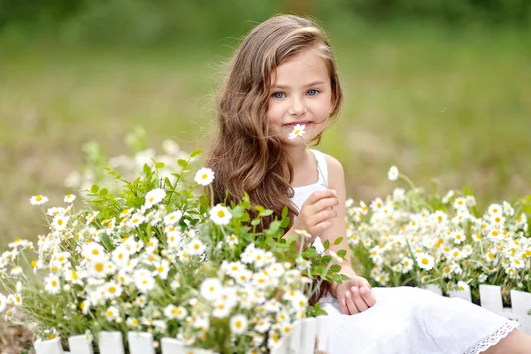 Portrait of a beautiful little girl with flowers — Stock Photo, Image