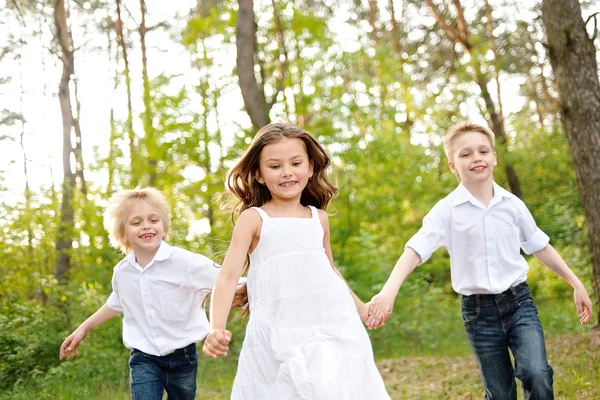 Tre barn leker på ängen i sommar — Stockfoto