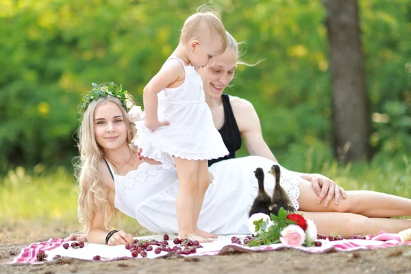 Retrato de uma família feliz no verão sobre a natureza — Fotografia de Stock