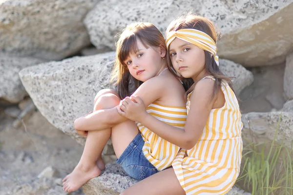 Portret Van Twee Meisjes Van Vriendinnen Een Zomer Aard — Stockfoto