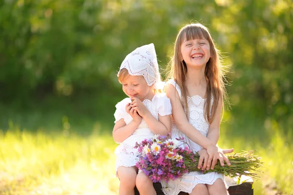 Portret van twee meisjes van vriendinnen op een zomer aard — Stockfoto