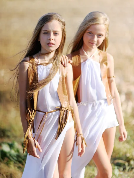 Retrato de duas meninas de amigas em uma natureza de verão — Fotografia de Stock