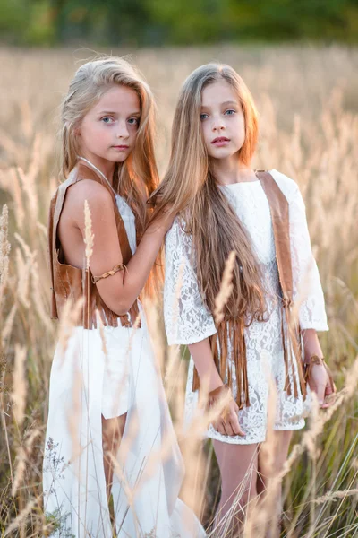 El retrato de dos muchachas de las amigas por la naturaleza veraniega —  Fotos de Stock