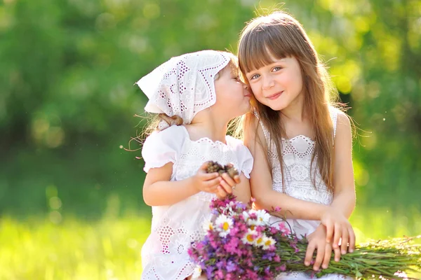 Portrait of two girls of girlfriends on a summer nature — Stock Photo, Image