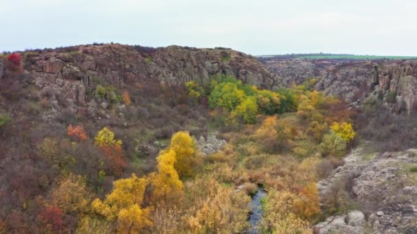 Aktovsky Canyon in Ukraine surrounded by autumn trees and large stone boulders — Stock Video