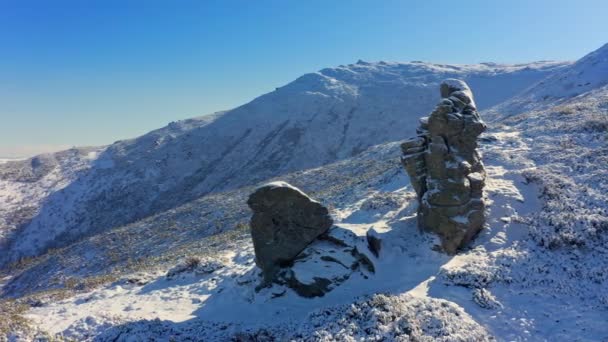 Paisajes de las montañas de los Cárpatos, cubiertos con grandes repisas de piedra en Ucrania, cerca del pueblo de Dzembronya — Vídeos de Stock