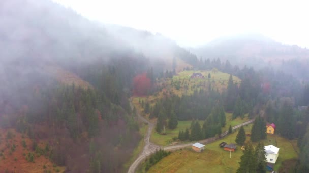 Górska dolina Karpat pokryta jest mgłą i deszczem na Ukrainie w pobliżu wioski Dzembronya — Wideo stockowe