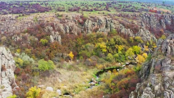 A picturesque stream flows in the Aktovsky Canyon, surrounded by autumn trees and large stone boulders — Stock Video