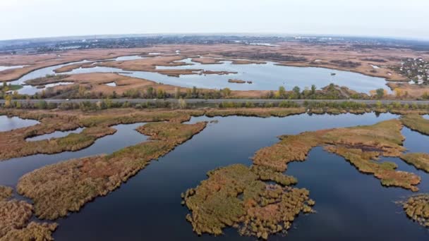 La route traverse la Samarskie Plavni Ukraine pittoresque dans la lumière du soir — Video