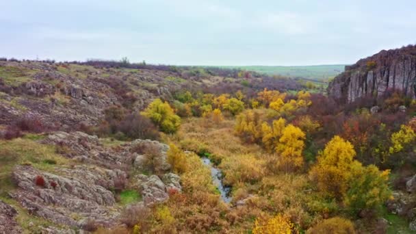 Актовский каньон в Украине окружен осенними деревьями и большими каменными валунами — стоковое видео