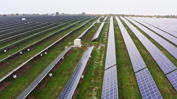 Grote zonnecentrale op een pittoresk groen veld in Oekraïne — Stockvideo