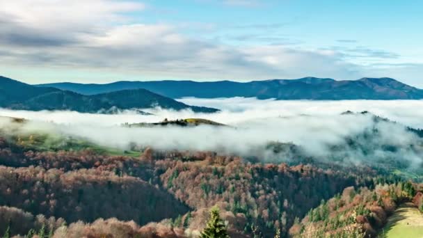 Landschappen van groene heuvels onder een laag witte en pluizige wolken — Stockvideo