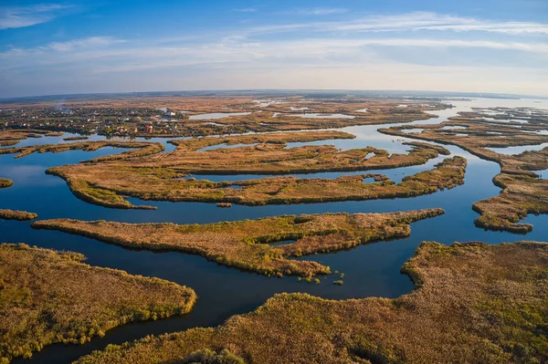 Vista Superior Bela Samarskie Plavni Dnieper Com Uma Aldeia Nas — Fotografia de Stock