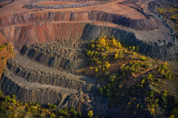 Huge Mounds Waste Iron Ore Quarry Belaz Trucks Driving Mining — Stock Photo, Image