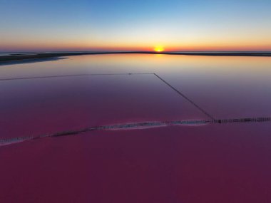 Parlak, tuzlu, pembe bir göl manzarası ve üzerinde bir patika.