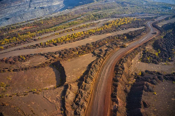 Huge Mounds Waste Iron Ore Quarry Belaz Trucks Driving Mining — Stock Photo, Image