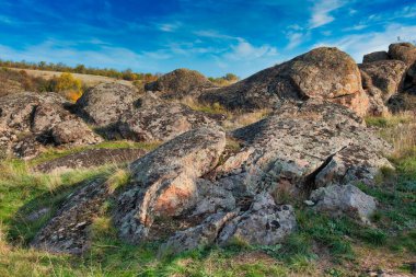 Ukrayna 'nın sıcacık güneşi ve güzel doğası ile dolu bir çayırda bitki örtüsüyle kaplı eski taş minerallerinin devasa birikintileri.