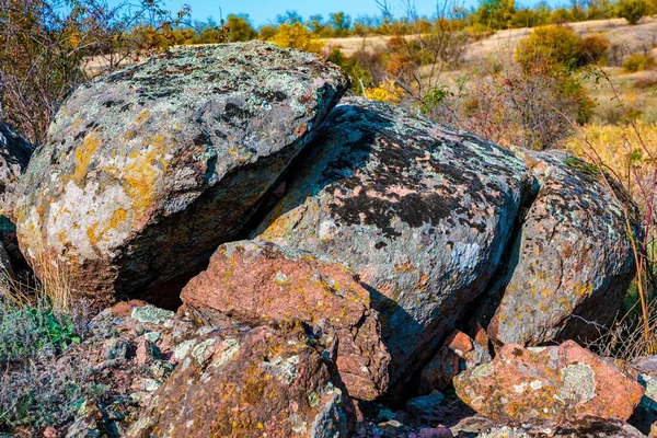 Huge Deposits Old Stone Minerals Covered Vegetation Meadow Filled Warm — Stock Photo, Image