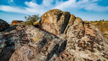 Ukrayna 'nın sıcacık güneşi ve güzel doğası ile dolu bir çayırda bitki örtüsüyle kaplı eski taş minerallerinin devasa birikintileri.