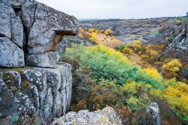 Aktovsky Kanyonu, Ukrayna. Etrafında sonbahar ağaçları ve büyük taş kayalar