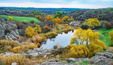 Resimli Ukrayna 'daki küçük bir nehrin üzerinde yeşil bitki örtüsüyle kaplı çok sayıda taş minerali ve onun güzel doğası.