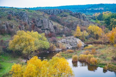 Resimli Ukrayna 'daki küçük bir nehrin üzerinde yeşil bitki örtüsüyle kaplı çok sayıda taş minerali ve onun güzel doğası.