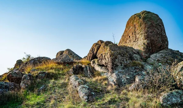 Ukrayna 'nın sıcacık güneşi ve güzel doğası ile dolu bir çayırda bitki örtüsüyle kaplı eski taş minerallerinin devasa birikintileri.