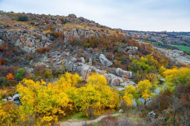 Aktovsky Kanyonu, Ukrayna. Etrafında sonbahar ağaçları ve büyük taş kayalar