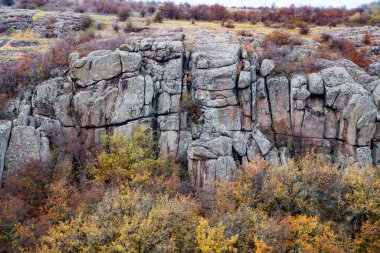Aktovsky Kanyonu, Ukrayna. Etrafında sonbahar ağaçları ve büyük taş kayalar